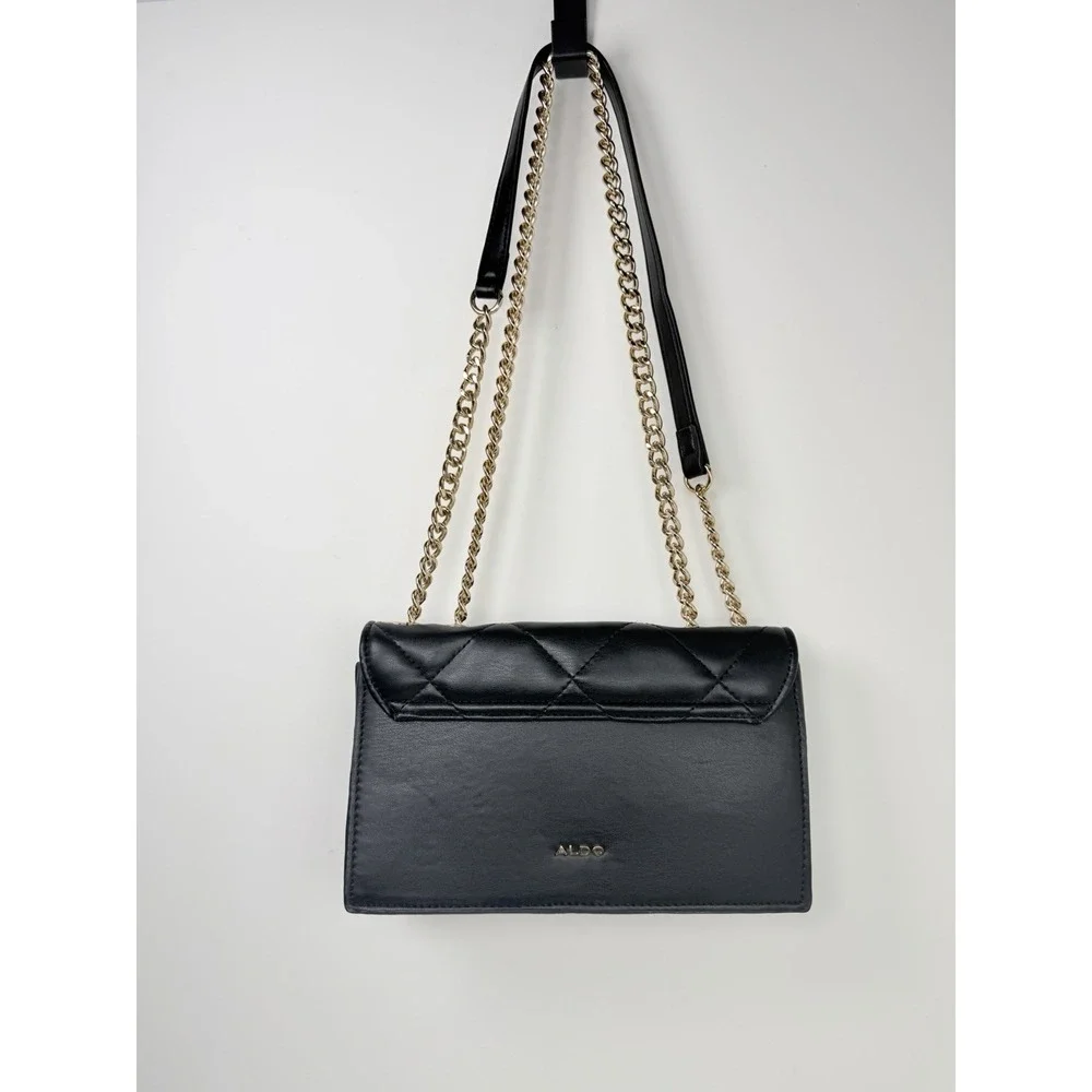ALDO Quilted Crossbody Bag Black Gold Chain‎ Strap Shoulder Purse One Size